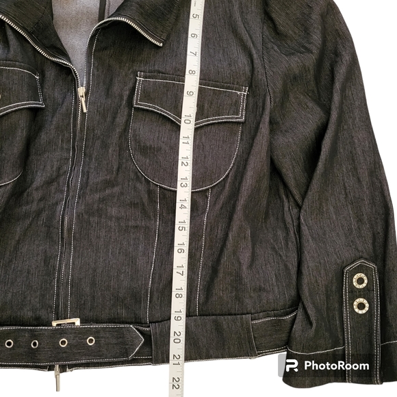 Svetlana Denim Black Jacket Size 16 with White Stitching Belt Silver  Buttons - Picture 8 of 11